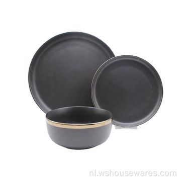 Luxe Black Stoneware Dinty Set met Gold Edge